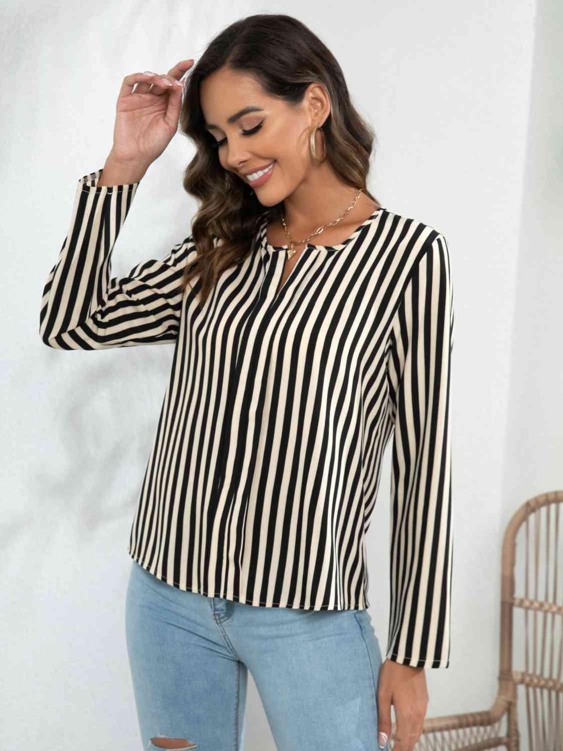 Striped Long Sleeve Notched Blouse - Chic Yana's Fashion