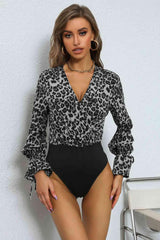 Perfee Leopard Print Tie Cuff Spliced Bodysuit - Chic Yana's Fashion