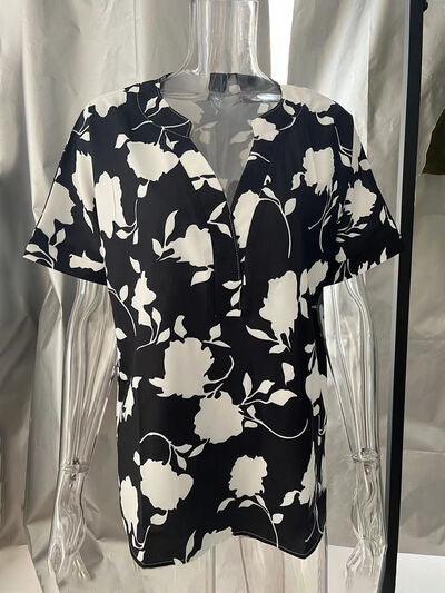 Full Size Printed Notched Short Sleeve Blouse - Chic Yana's Fashion