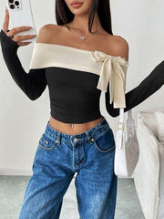 Perfee Bow Contrast Off Shoulder Long Sleeve Top - Chic Yana's Fashion