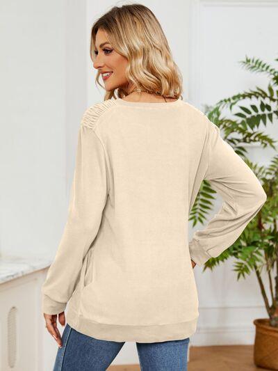 Ruched Shoulder Round Neck Long Sleeve Sweatshirt - Chic Yana's Fashion