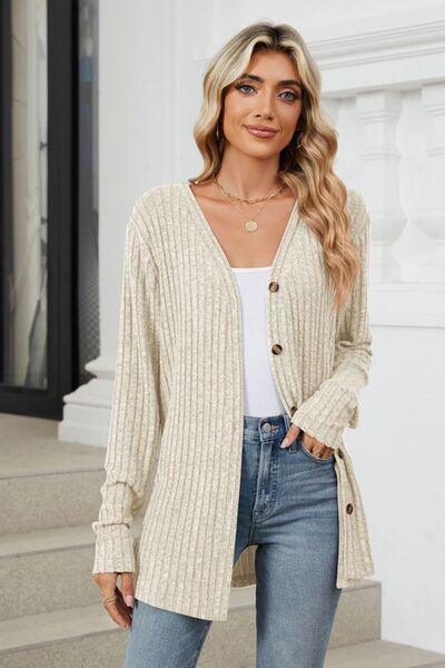 Ribbed Button Up Long Sleeve Cardigan - Chic Yana's Fashion