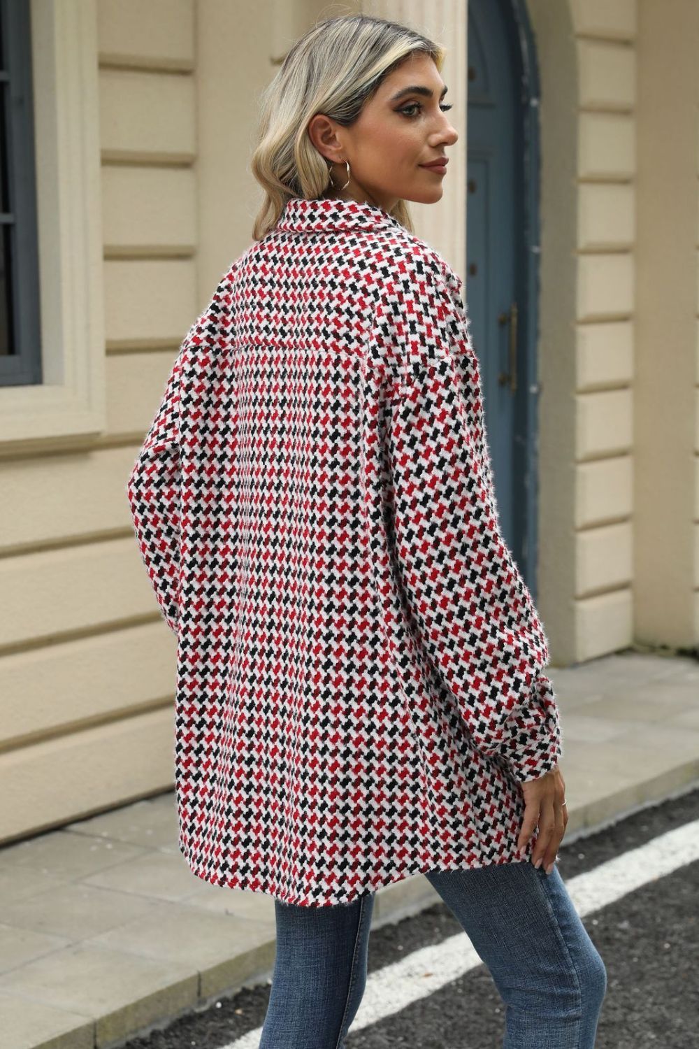 Houndstooth Button Up Dropped Shoulder Coat - Chic Yana’s Fashion