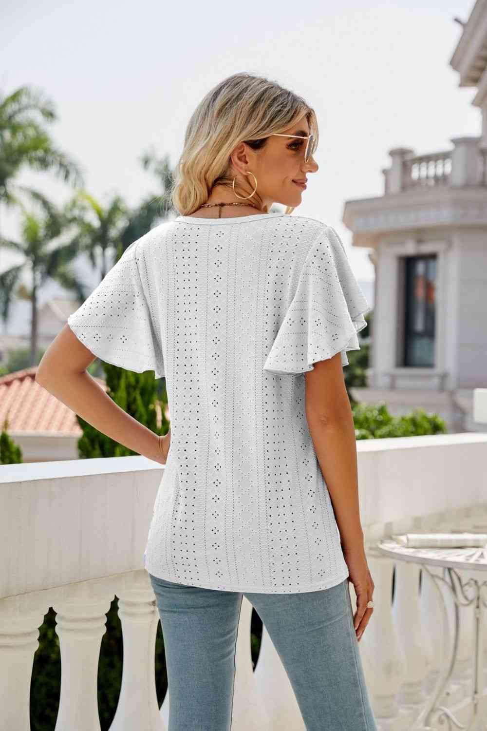 Eyelet Flutter Sleeve Round Neck Top - Chic Yana's Fashion