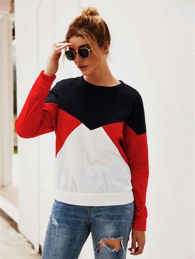 Color Block Round Neck Long Sleeve Top - Chic Yana's Fashion