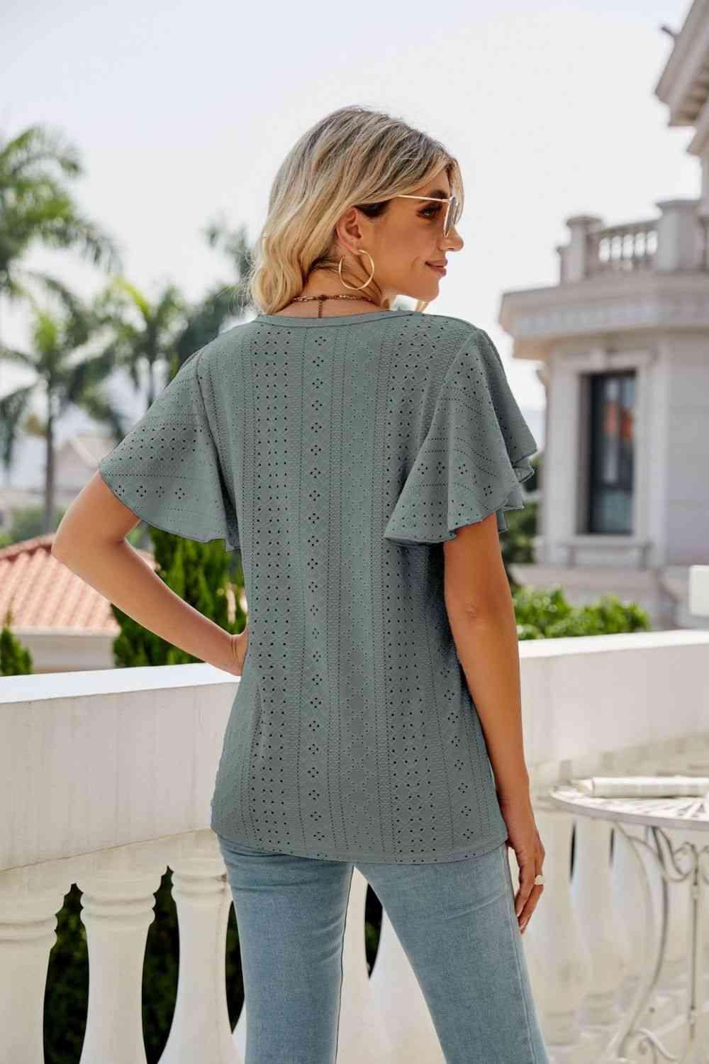 Eyelet Flutter Sleeve Round Neck Top - Chic Yana's Fashion