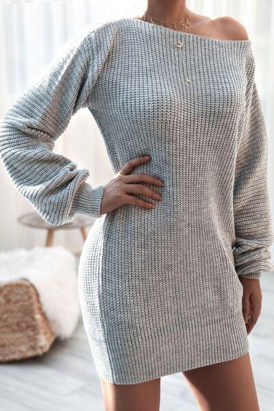 Boat Neck Long Sleeve Mini Sweater Dress - Chic Yana's Fashion