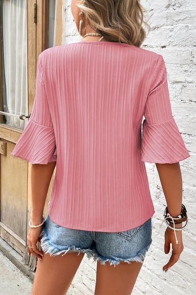 Textured V Neck Flounce Sleeve Blouse - Chic Yana's Fashion