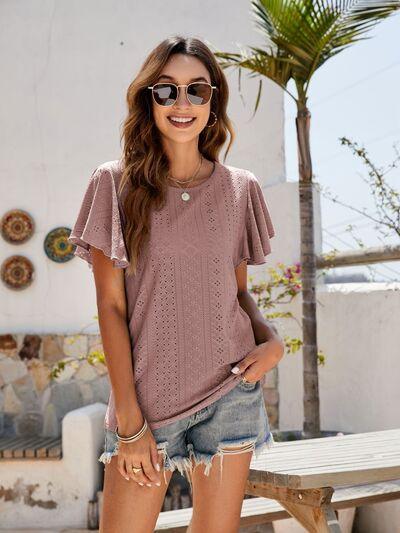 Mandy Eyelet Round Neck Flutter Sleeve Top - Chic Yana's Fashion