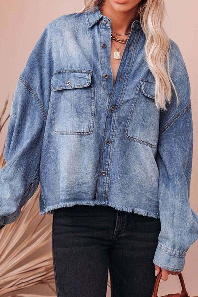 Collared Neck Raw Hem Long Sleeve Denim Shirt - Chic Yana's Fashion