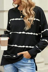 Slit Contrast Striped Round Neck Long Sleeve T Shirt - Chic Yana's Fashion