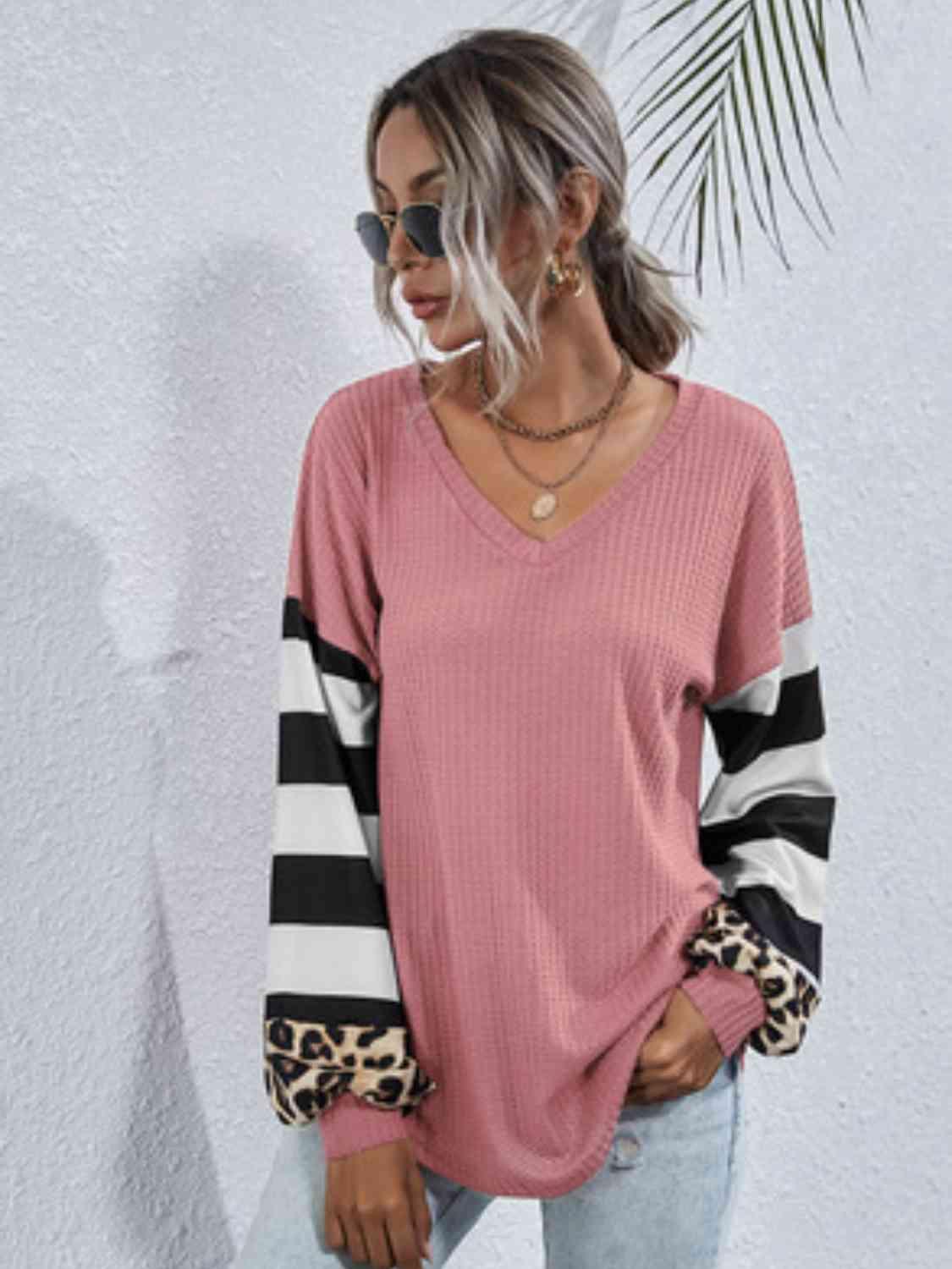 Leopard Striped Waffle Knit Top - Chic Yana's Fashion