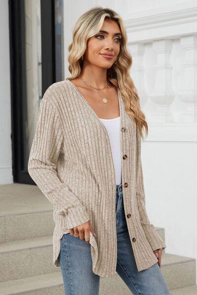 Ribbed Button Up Long Sleeve Cardigan - Chic Yana's Fashion