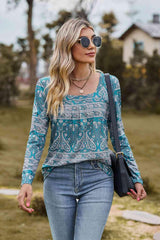 Printed Square Neck Long Sleeve Blouse - Chic Yana's Fashion