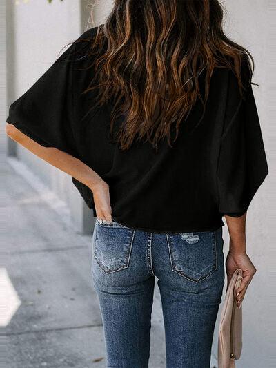 Full Size Cowl Neck Three Quarter Sleeve Blouse - Chic Yana's Fashion