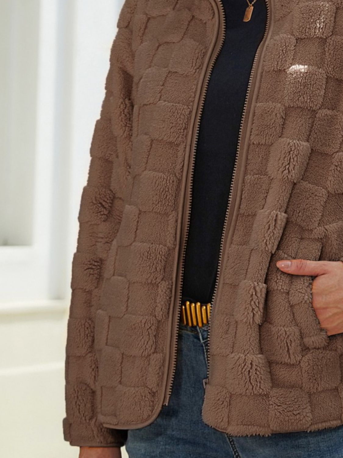 Fuzzy Checkered Zip Up Jacket - Chic Yana’s Fashion