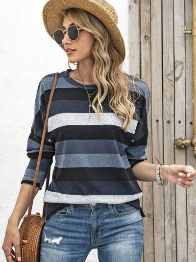 Full Size Striped Round Neck Long Sleeve T Shirt Plus Size - Chic Yana's Fashion