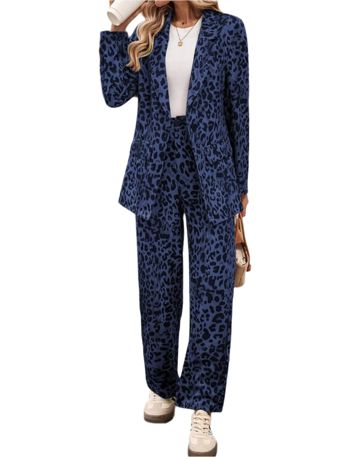 Full Size Leopard Lapel Collar Long Sleeve Blazer and Pants Set - Shop Now at Chic Yana's Fashion