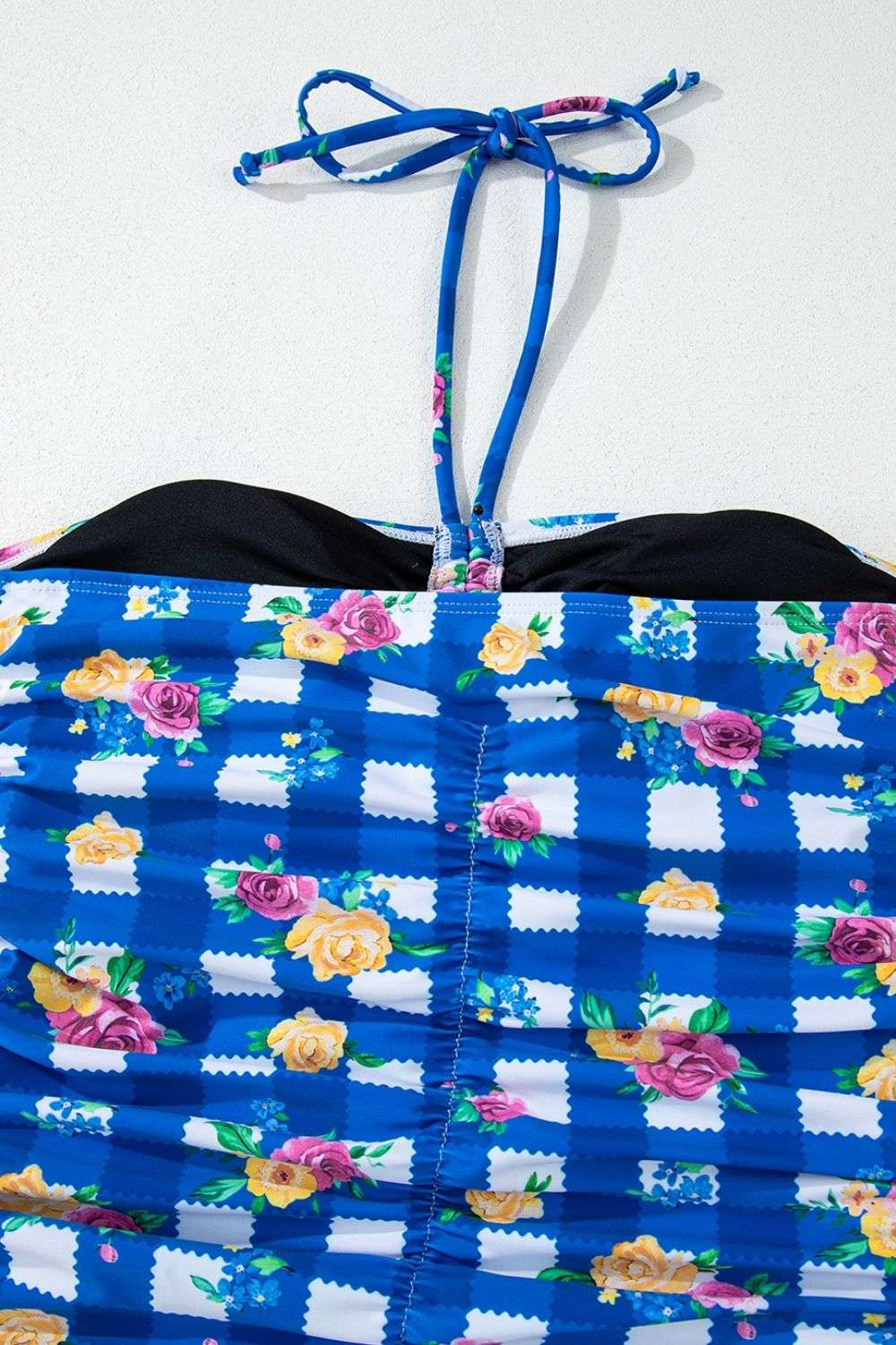 Floral Gingham Halter Neck Drawstring One Piece Swimwear - Stylish and Trendy Women's Fashion from Chic Yana's Fashion