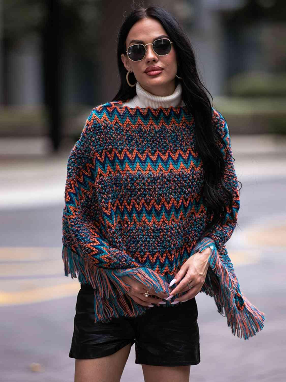 Shiny Fringe Hem Boat Neck Poncho - Chic Yana's Fashion