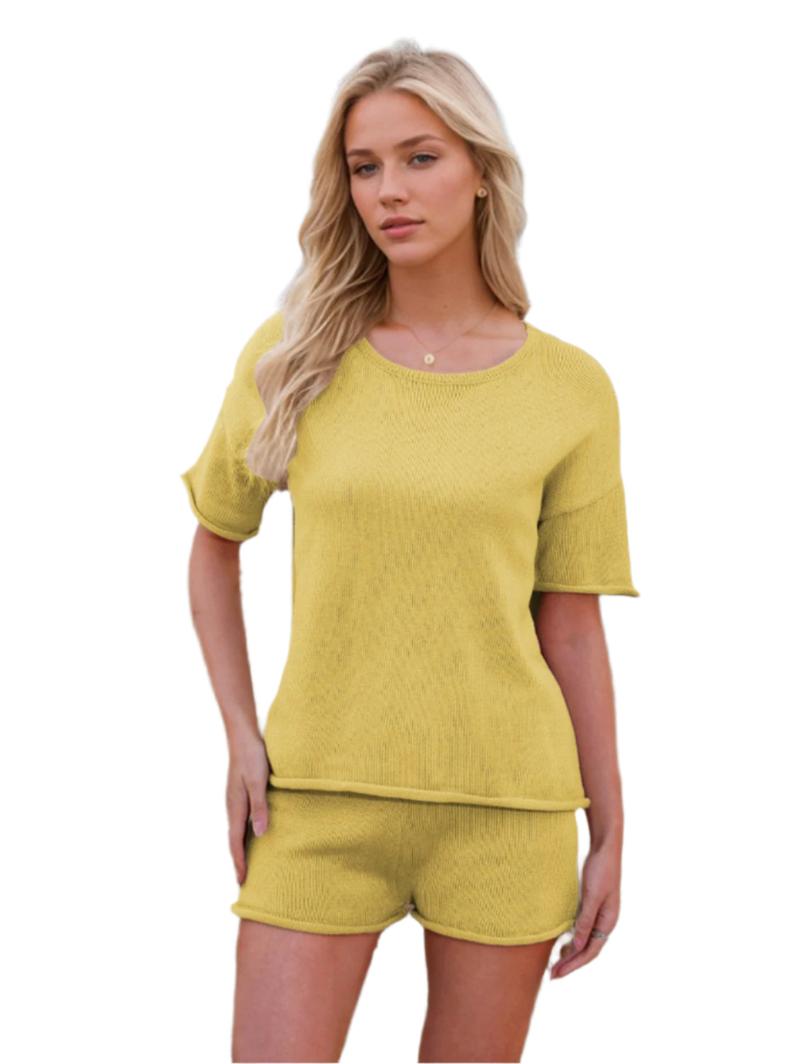Round Neck Short Sleeve Top and Shorts Sweater Set - Shop Now at Chic Yana's Fashion