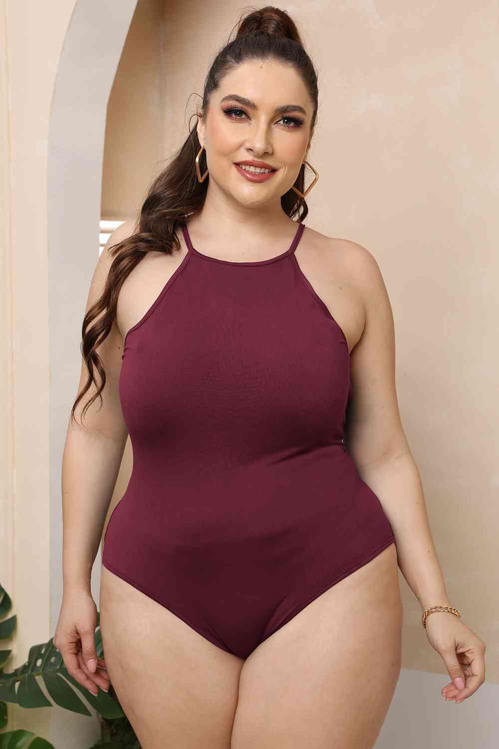 Plus Size Halter Neck Spaghetti Strap Bodysuit - Chic Yana's Fashion