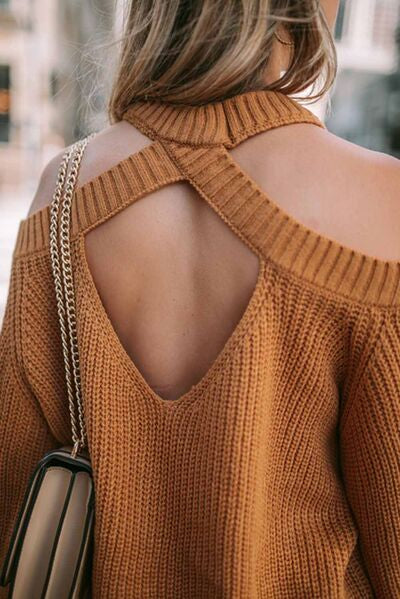 Cutout Back Cold Shoulder Long Sleeve Sweater - Chic Yana's Fashion