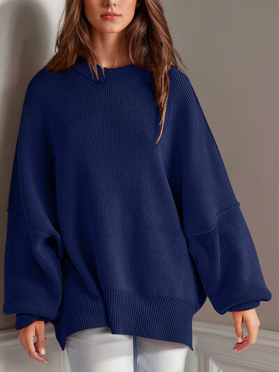 Double Take Side Slit Round Neck Long Sleeve Sweater - Chic Yana's Fashion