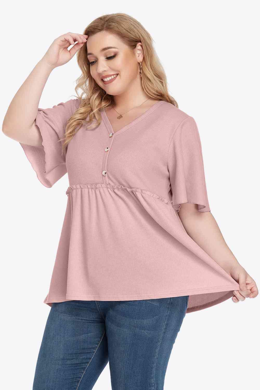 Plus Size Buttoned V Neck Frill Trim Babydoll Blouse - Chic Yana's Fashion