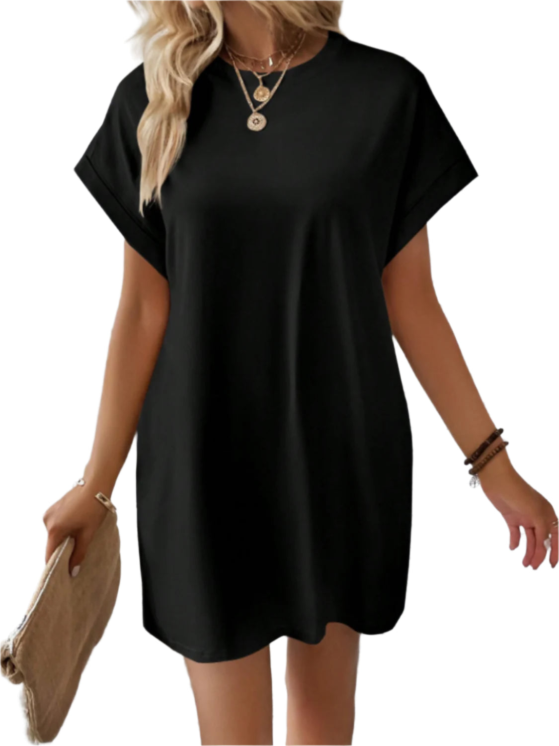 Round Neck Short Sleeve Mini Tee Dress with Pockets - High-Quality Fashion | Chic Yana