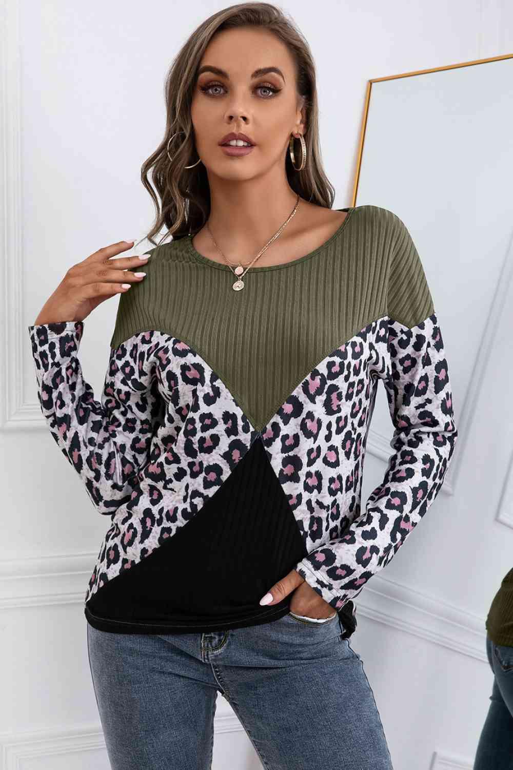 Ivy Lane Leopard Patch Color Block Ribbed Top - Chic Yana's Fashion