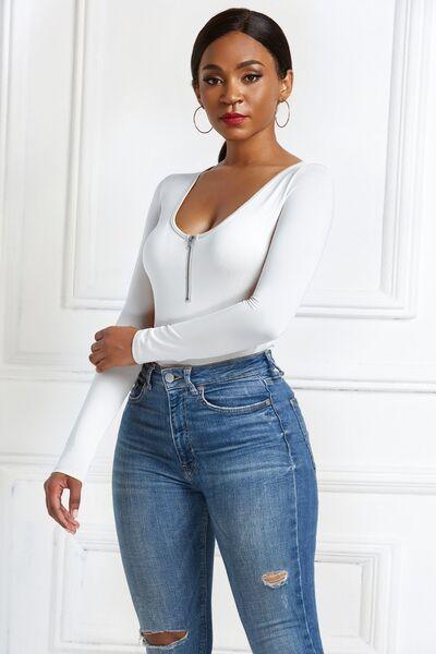 Half Zip Scoop Neck Long Sleeve Bodysuit - Chic Yana's Fashion