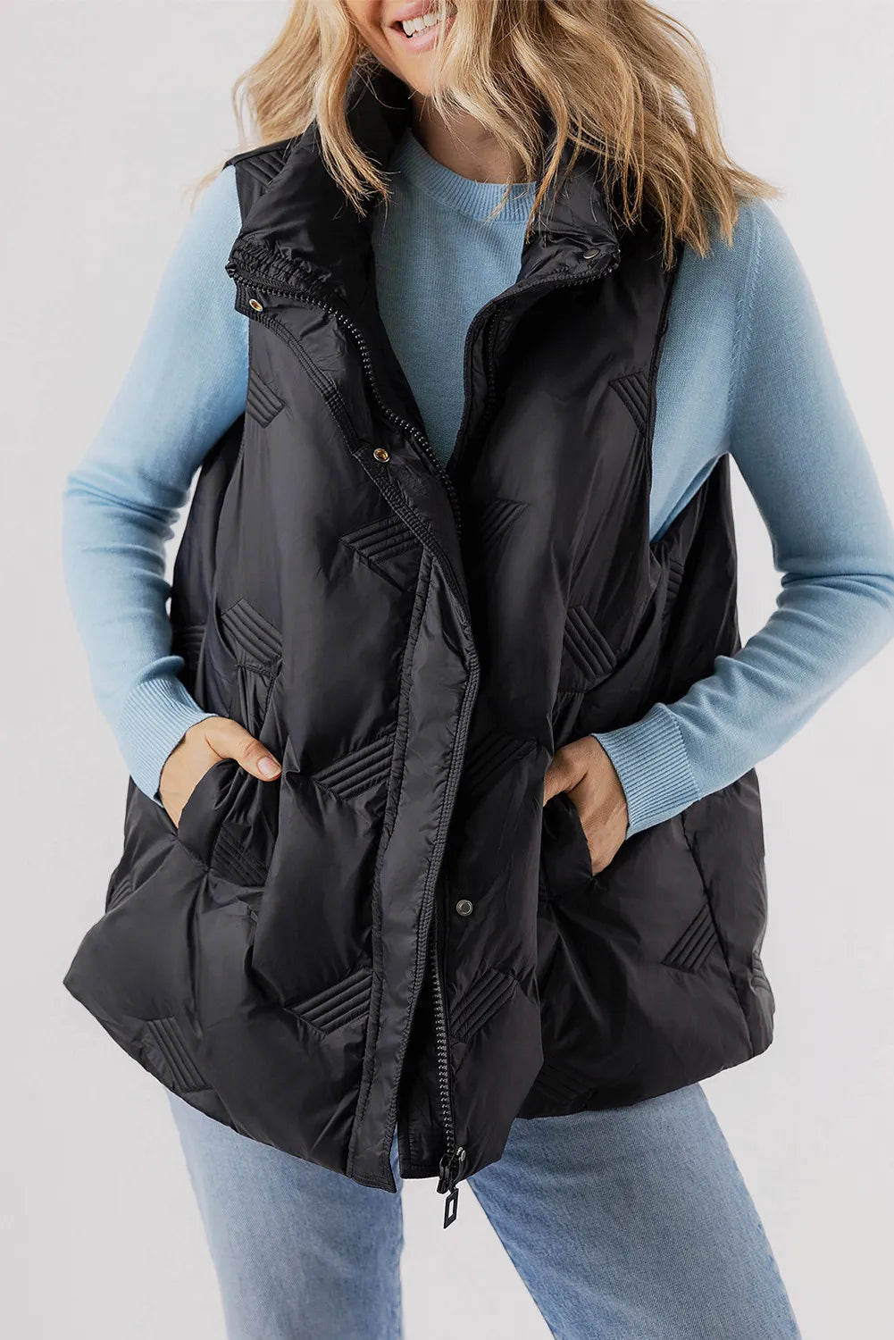 Pocketed Textured Zip Up Vest Coat - Chic Yana’s Fashion
