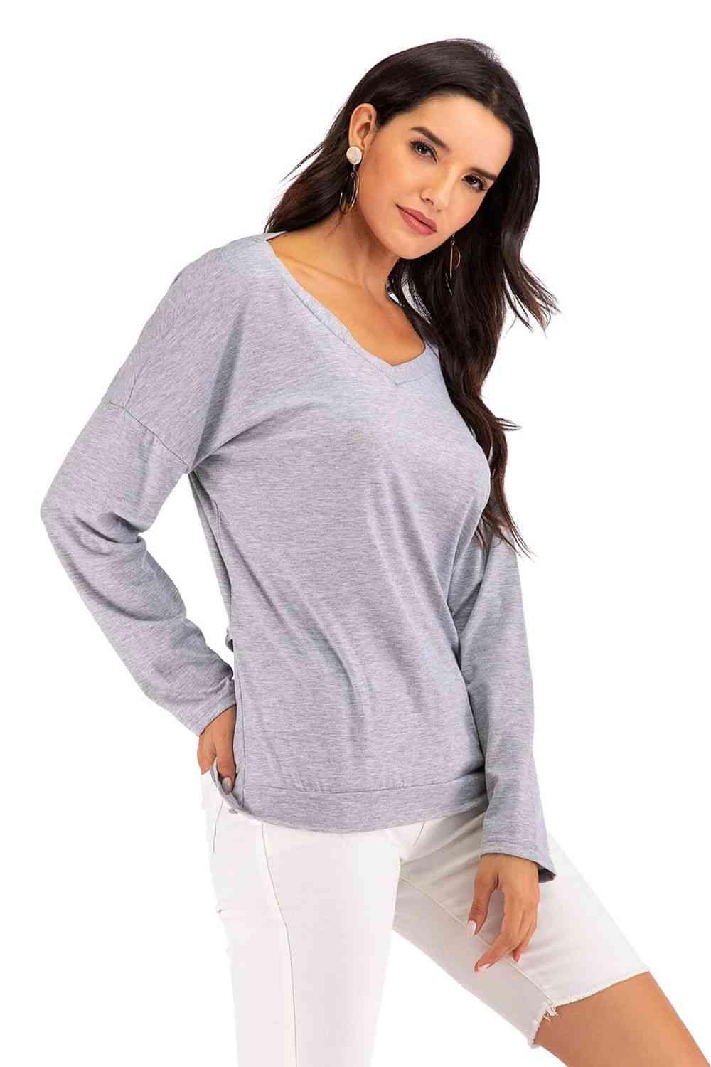 Perfee V Neck Drop Shoulder Open Back Sweatshirt - Chic Yana's Fashion