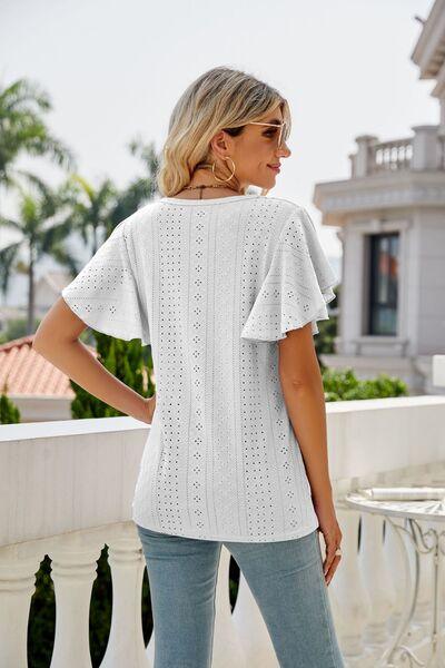 Mandy Eyelet Round Neck Flutter Sleeve Top - Chic Yana's Fashion