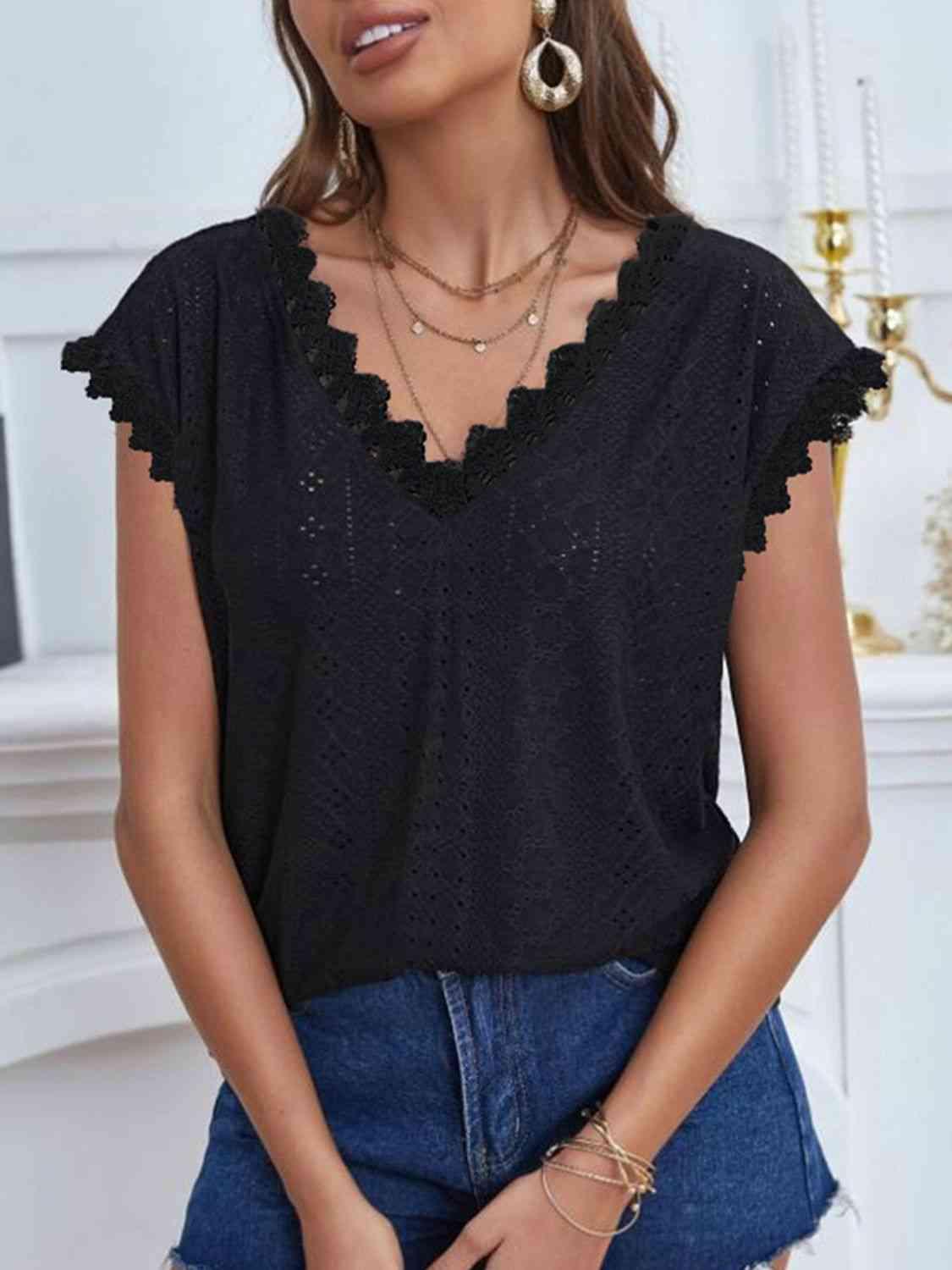 Shiny V Neck Eyelet Short Sleeve Top - Chic Yana's Fashion