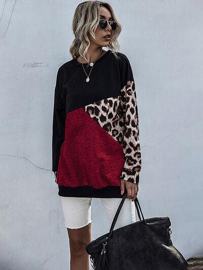 Perfee Leopard Contrast Long Sleeve Sweatshirt - Chic Yana's Fashion