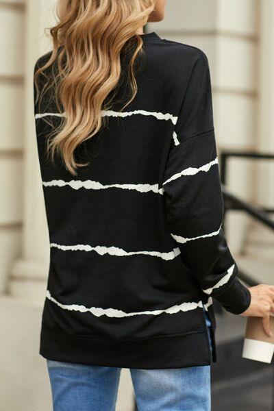 Slit Contrast Striped Round Neck Long Sleeve T Shirt - Chic Yana's Fashion