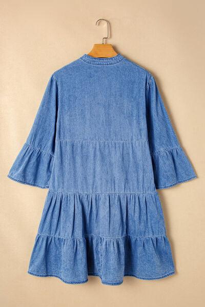 Notched Three Quarter Sleeve Denim Dress - Chic Yana's Fashion