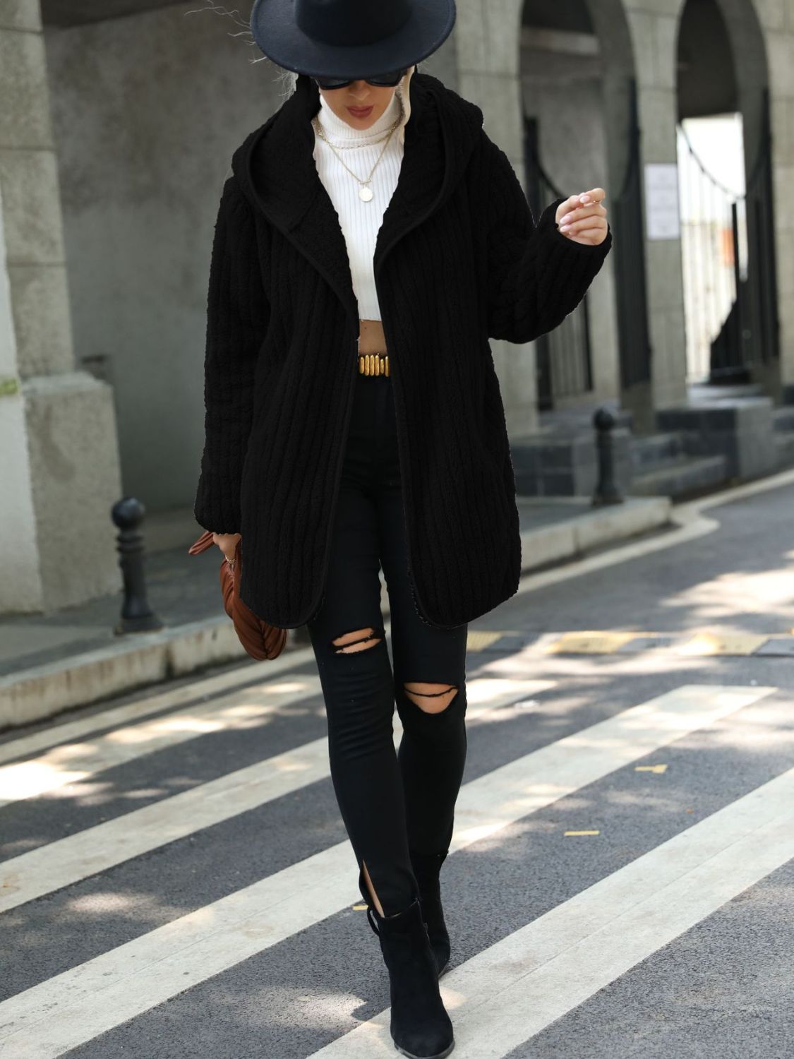 Open Front Ribbed Hooded Coat - Chic Yana’s Fashion