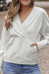 Surplice Long Sleeve Sweatshirt With Pocket - Chic Yana's Fashion