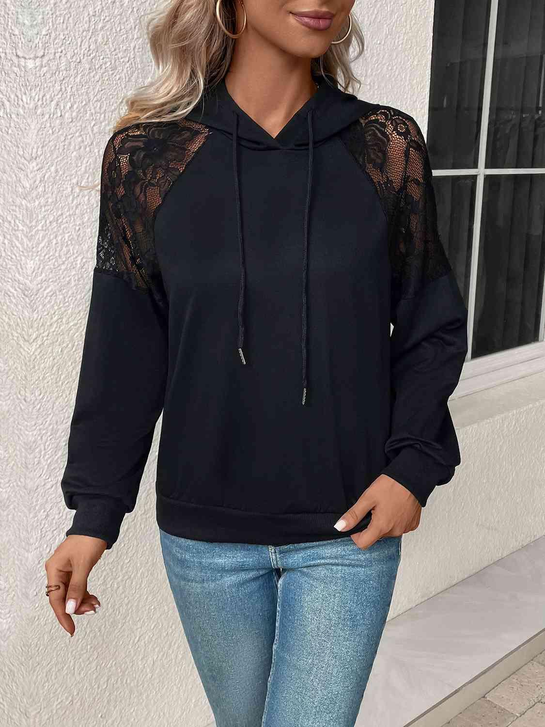 Perfee Lace Detail Drawstring Long Sleeve Hoodie - Chic Yana's Fashion