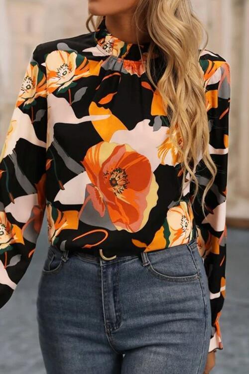 Floral Mock Neck Flounce Sleeve Blouse - Chic Yana's Fashion