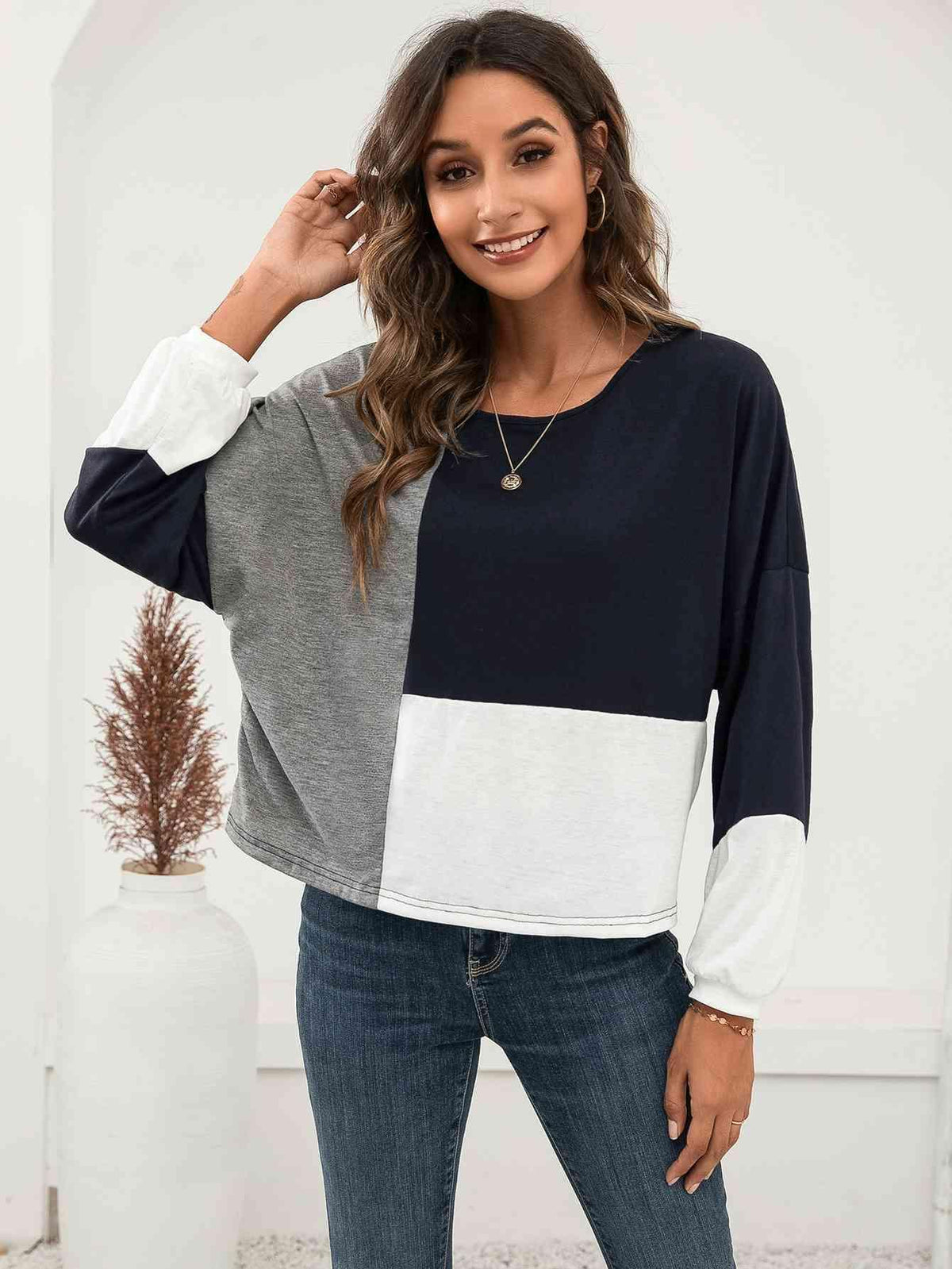 Ivy Lane Three Tone Color Block Dropped Shoulder Long Sleeve Tee - Chic Yana's Fashion