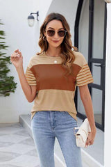 Color Block Round Neck Short Sleeve T Shirt 1 - Chic Yana's Fashion