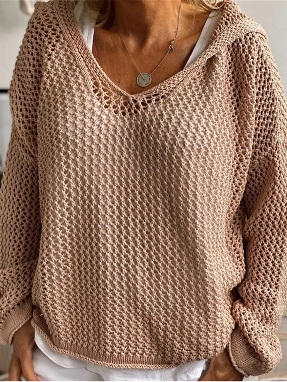 Openwork Hooded Long Sleeve Sweater – stylish women's fashion from Chic Yana's Fashion