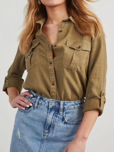 Collared Neck Roll Tab Sleeve Denim Top - Chic Yana's Fashion