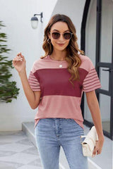 Color Block Round Neck Short Sleeve T Shirt 4 - Chic Yana's Fashion