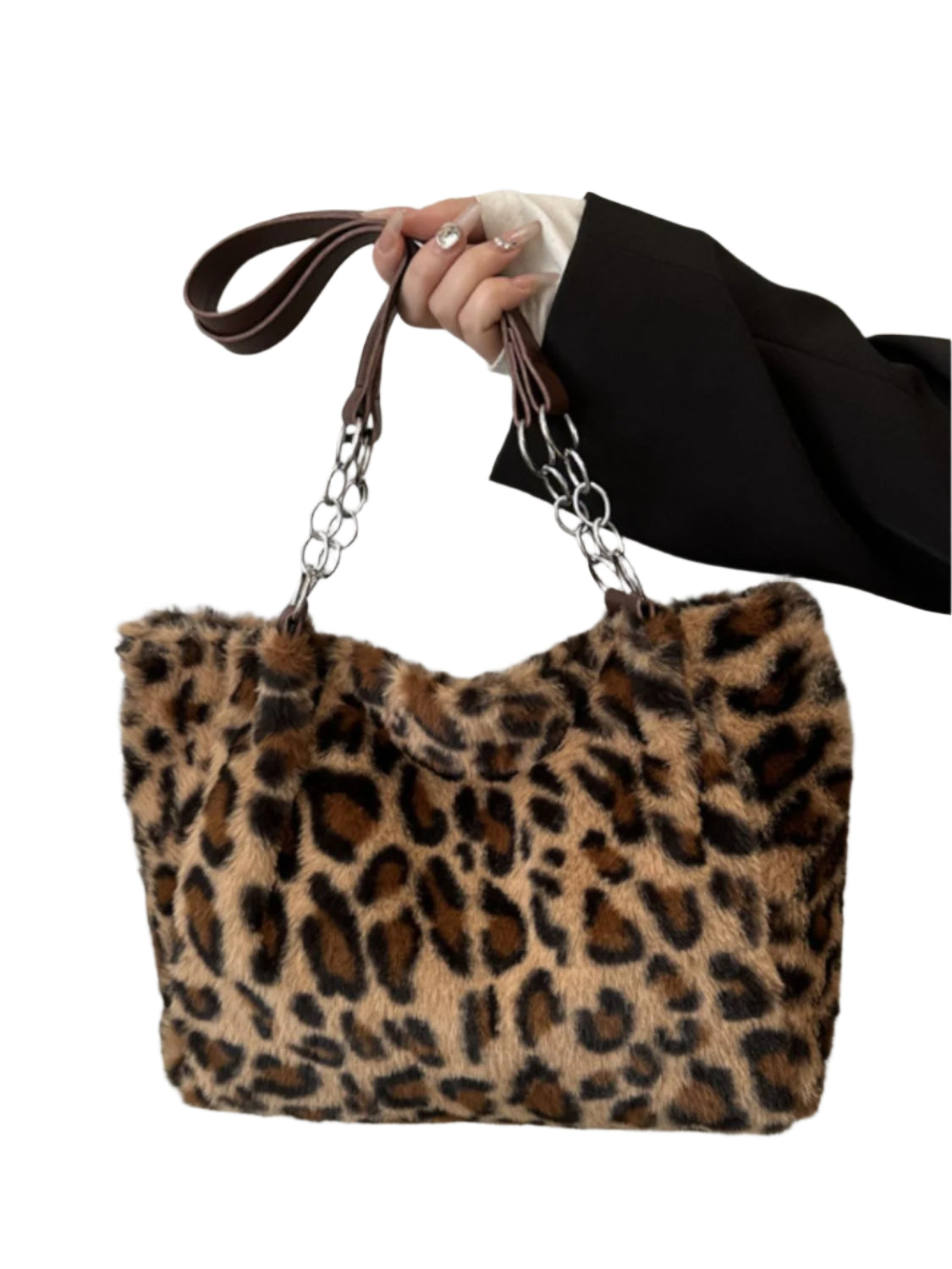 Model wearing Faux Fur Leopard Shoulder Bag – A trendy and elegant Accessories.