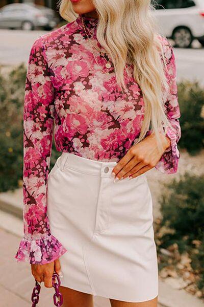 Floral Turtleneck Flounce Sleeve Blouse - Chic Yana's Fashion